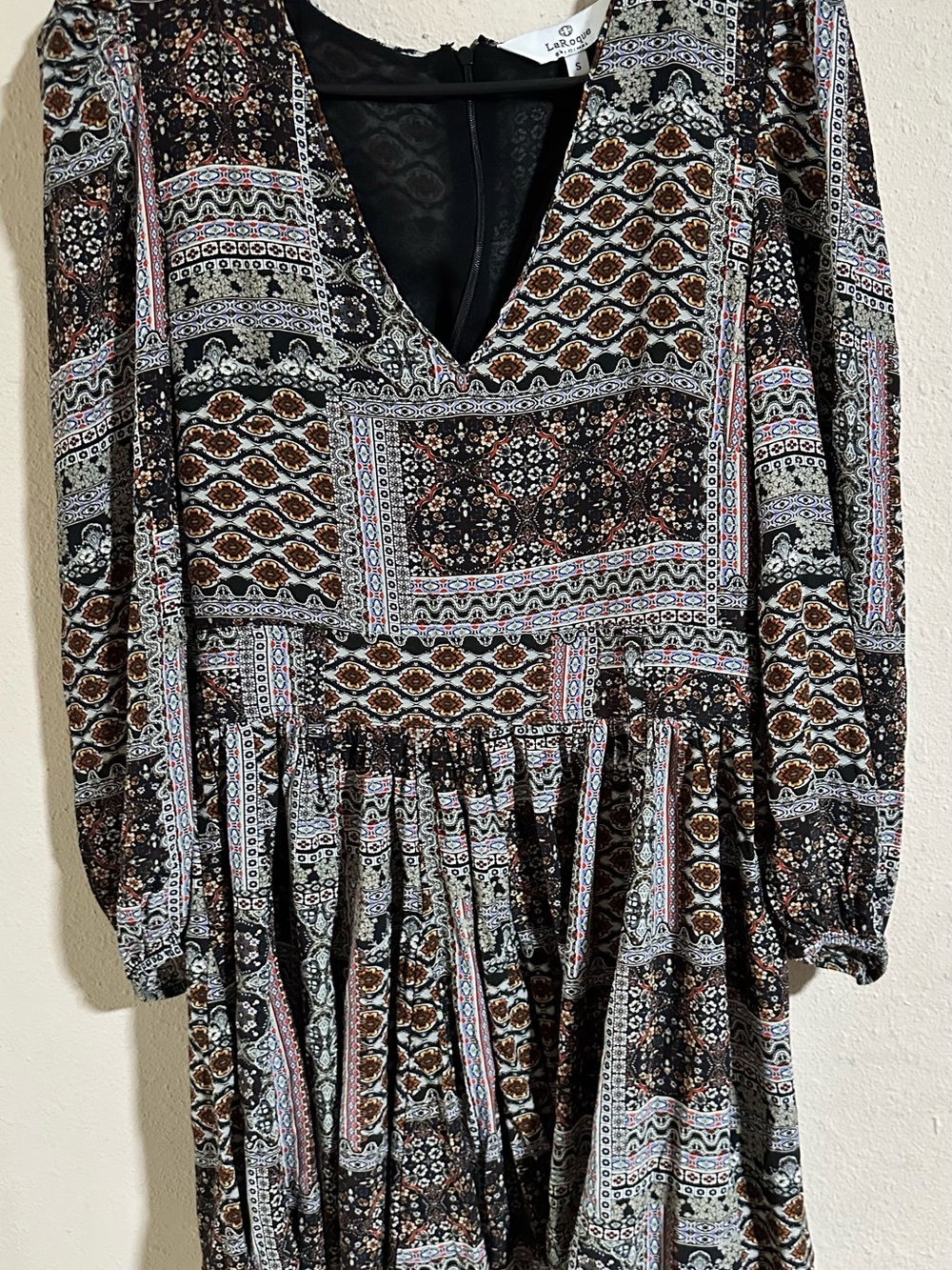 LaRoque Originals Black Patterned V-Neck Long Sleeve Mini Dress